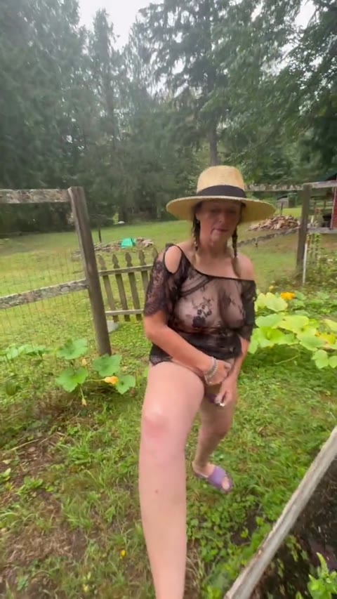 Please Cum In My Garden: Wife in Bodystocking Fucks Toy Outdoors